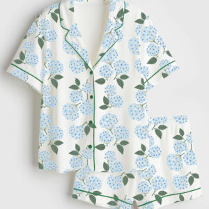 Womenâ€™s Blue Hydrangea Nantucket Cottage Short Sleeve Satin Pajama Set