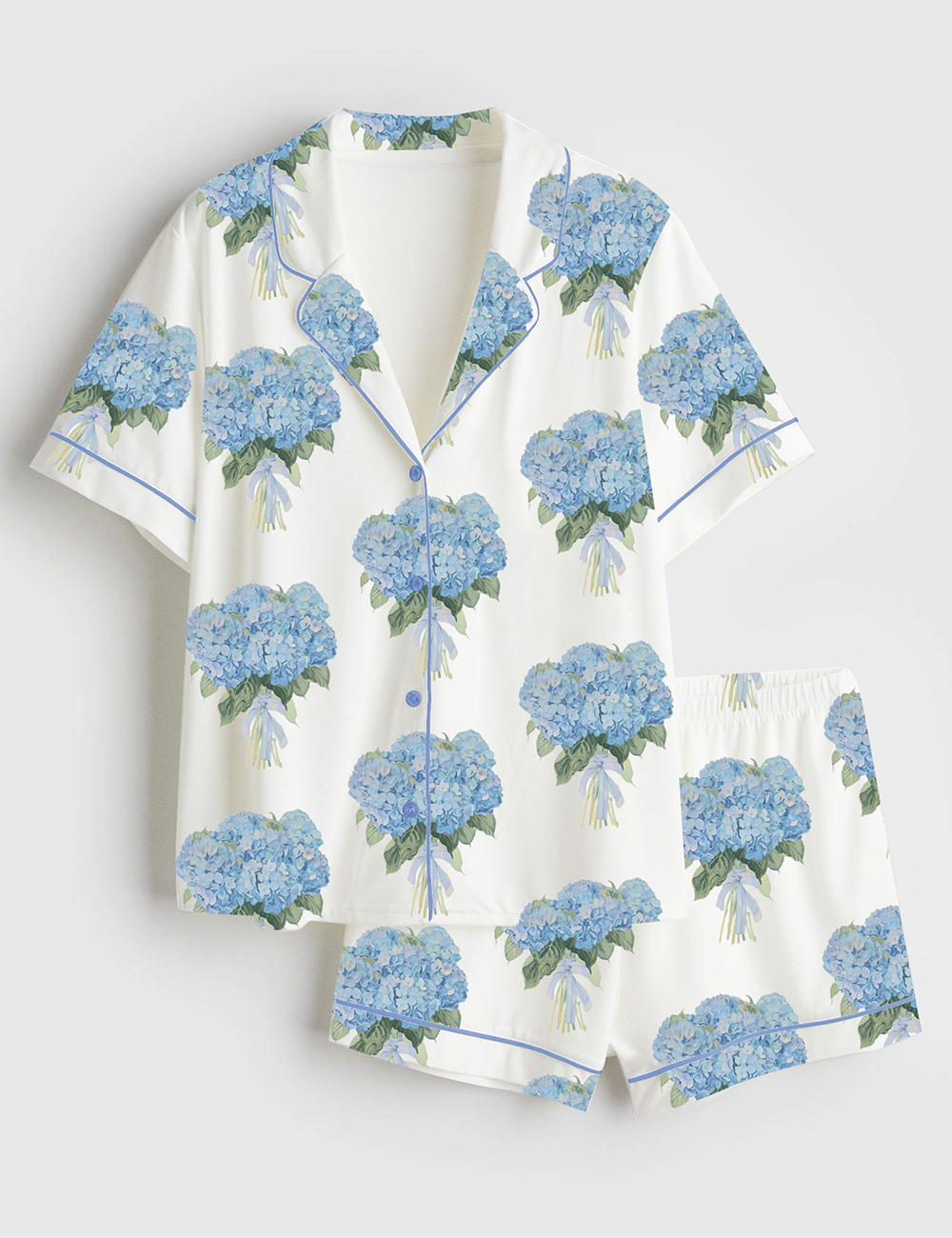 Womenâ€™s Blue Hydrangea Short Sleeve Satin Pajama Set