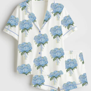 Women's Blue Hydrangea Short Sleeve Satin Pajama Set