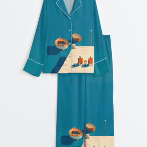 Women's Blue Mediterranean Coastal Blue Sea Boats Travel Vacation Long Sleeve Satin Pajamas Set