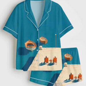 Womenâ€™s Blue Mediterranean Coastal Blue Sea Boats Travel Vacation Short Sleeve Satin Pajama Set