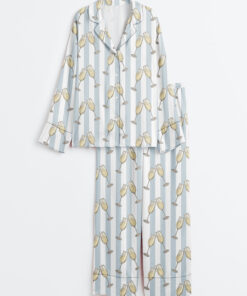 Women's Blue Stripes Champagne Wine Lover Bachelorette Party Celebration Print Long Sleeve Satin Pajama Set