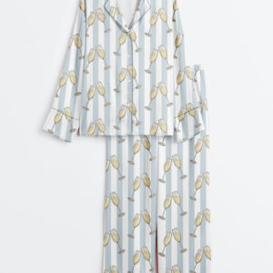 Women's Blue Stripes Champagne Wine Lover Bachelorette Party Celebration Print Long Sleeve Satin Pajama Set