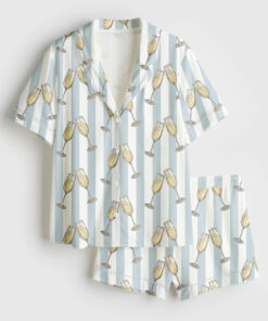 Women's Blue Stripes Champagne Wine Lover Bachelorette Party Celebration Print Short Sleeve Satin Pajama Set