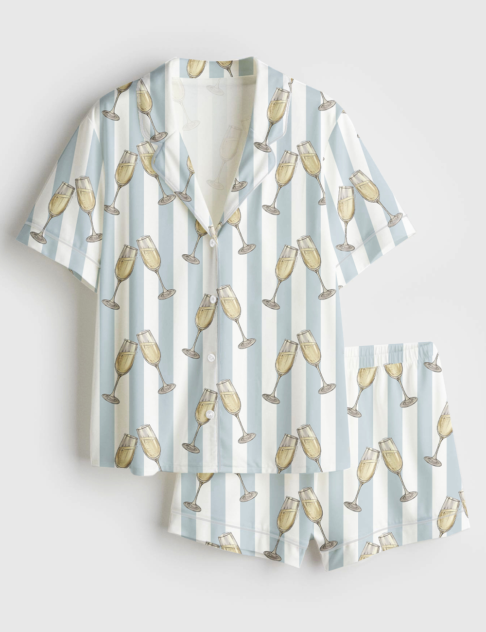 Womenâ€™s Blue Stripes Champagne Wine Lover Bachelorette Party Celebration Print Short Sleeve Satin Pajama Set