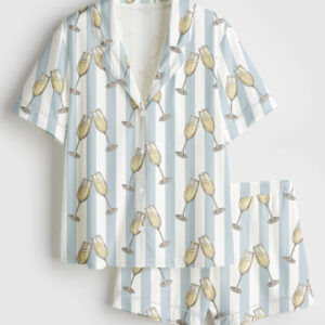 Women's Blue Stripes Champagne Wine Lover Bachelorette Party Celebration Print Short Sleeve Satin Pajama Set