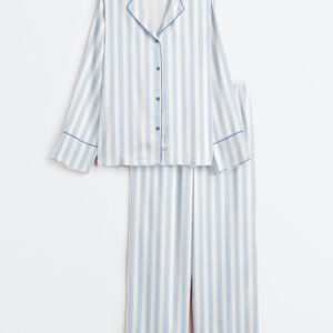 Womenâ€™s Blue Watercolor Striped Long Sleeve Satin Pajama Set