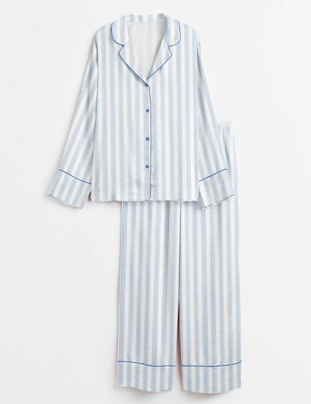 Womenâ€™s Blue Watercolor Striped Long Sleeve Satin Pajama Set