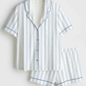 Women's Blue Watercolor Striped Short Sleeve Satin Pajamas Set