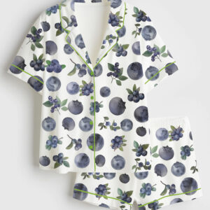 Women's Blueberry Food Plants Short Sleeve Satin Pajama Set