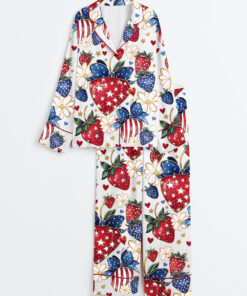 Women's Boho 4th Of July Preppy Strawberry Patriotic Bow Print Long Sleeve Satin Pajama Set