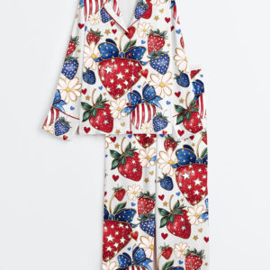 Women's Boho 4th Of July Preppy Strawberry Patriotic Bow Print Long Sleeve Satin Pajama Set