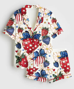 Women's Boho 4th Of July Preppy Strawberry Patriotic Bow Print Short Sleeve Satin Pajama Set
