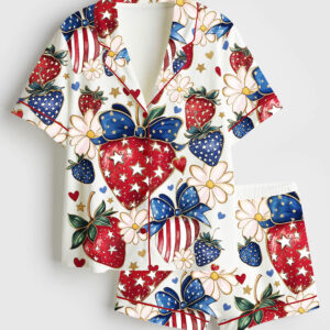 Womenâ€™s Boho 4th Of July Preppy Strawberry Patriotic Bow Print Short Sleeve Satin Pajama Set