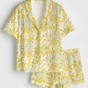 Womenâ€™s Boho Blooms Golden Floral Short Sleeve Satin Pajama Set