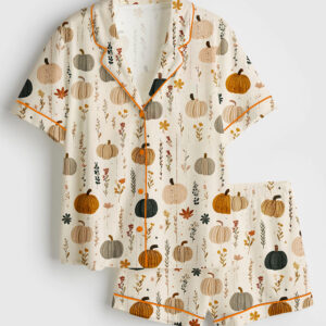 Womenâ€™s Boho Pumpkin Autumn Flowers Watercolor Fall Floral Short Sleeve Satin Pajama Set