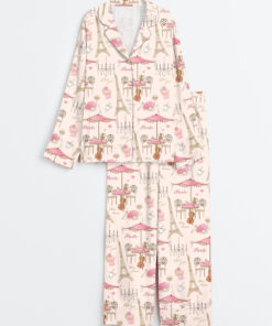 Women's Bonjour Paris Eiffel Tower Travel To France Sister Party Coffee Long Sleeve Satin Pajama Set