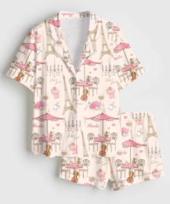 Women's Bonjour Paris Eiffel Tower Travel To France Sister Party Coffee Short Sleeve Satin Pajama Set