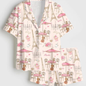 Women's Bonjour Paris Eiffel Tower Travel To France Sister Party Coffee Short Sleeve Satin Pajama Set
