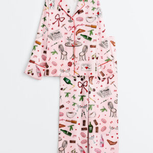 Women's Bonjour Print Long Sleeve Satin Pajama Set