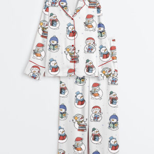 Women's Book Lover Snowman Christmas Winter Holiday Reading Book Long Sleeve Satin Pajama Set