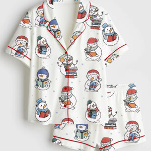Womenâ€™s Book Lover Snowman Christmas Winter Holiday Reading Book Short Sleeve Satin Pajama Set