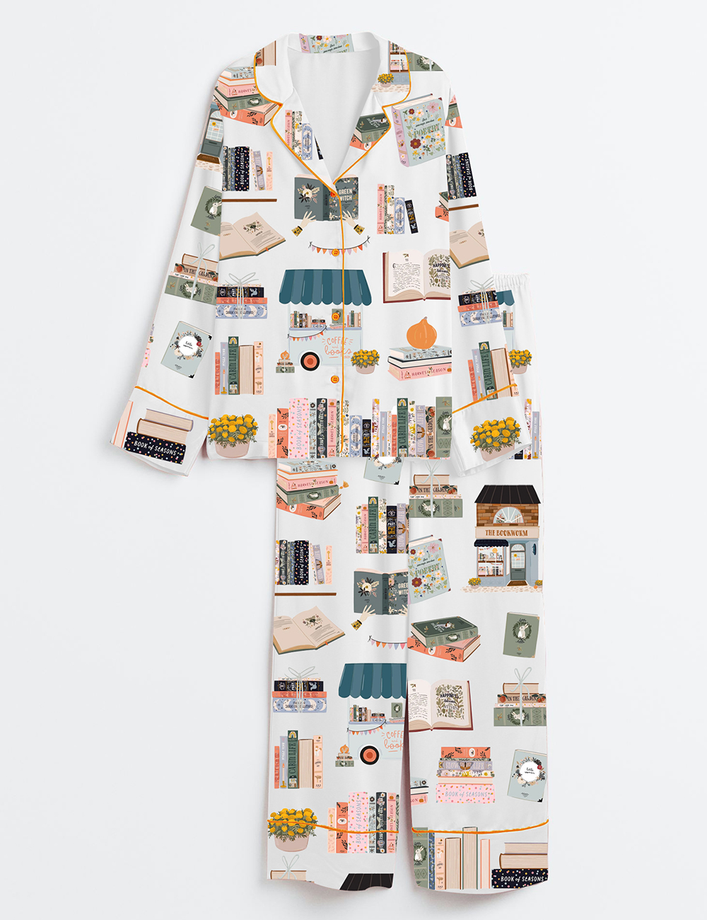 Womenâ€™s Book Lovers Cozy Bookstore Aesthetic Bookworms Fall Reading Long Sleeve Satin Pajama Set