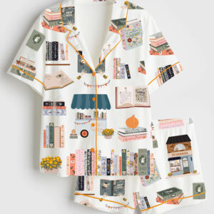 Women's Book Lovers Cozy Bookstore Aesthetic Bookworms Fall Reading Short Sleeve Satin Pajama Set