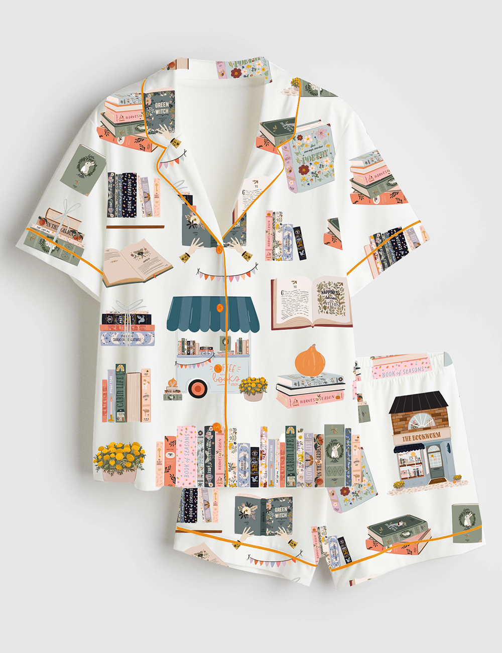 Womenâ€™s Book Lovers Cozy Bookstore Aesthetic Bookworms Fall Reading Short Sleeve Satin Pajama Set