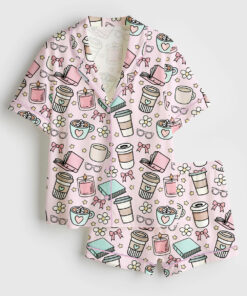 Women's Books And Coffee Girly Morning Reading Bookish Coffee Print Short Sleeve Satin Pajama Set