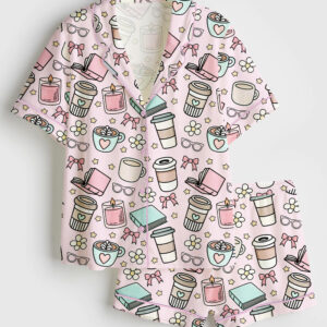 Womenâ€™s Books And Coffee Girly Morning Reading Bookish Coffee Print Short Sleeve Satin Pajama Set