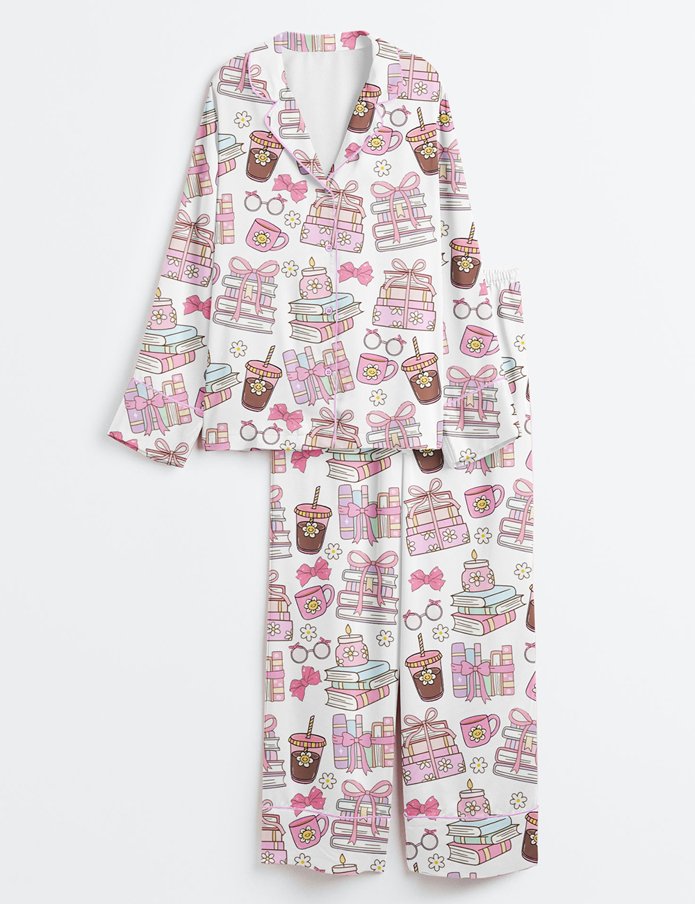 Womenâ€™s Books Coffee Bookish Girly Long Sleeve Satin Pajama Set