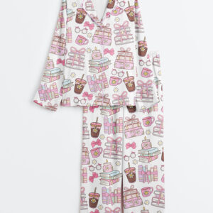 Women's Books Coffee Bookish Girly Long Sleeve Satin Pajama Set