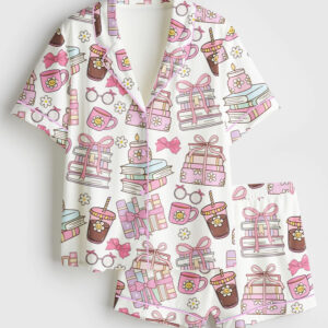 Womenâ€™s Books Coffee Bookish Girly Short Sleeve Satin Pajama Set