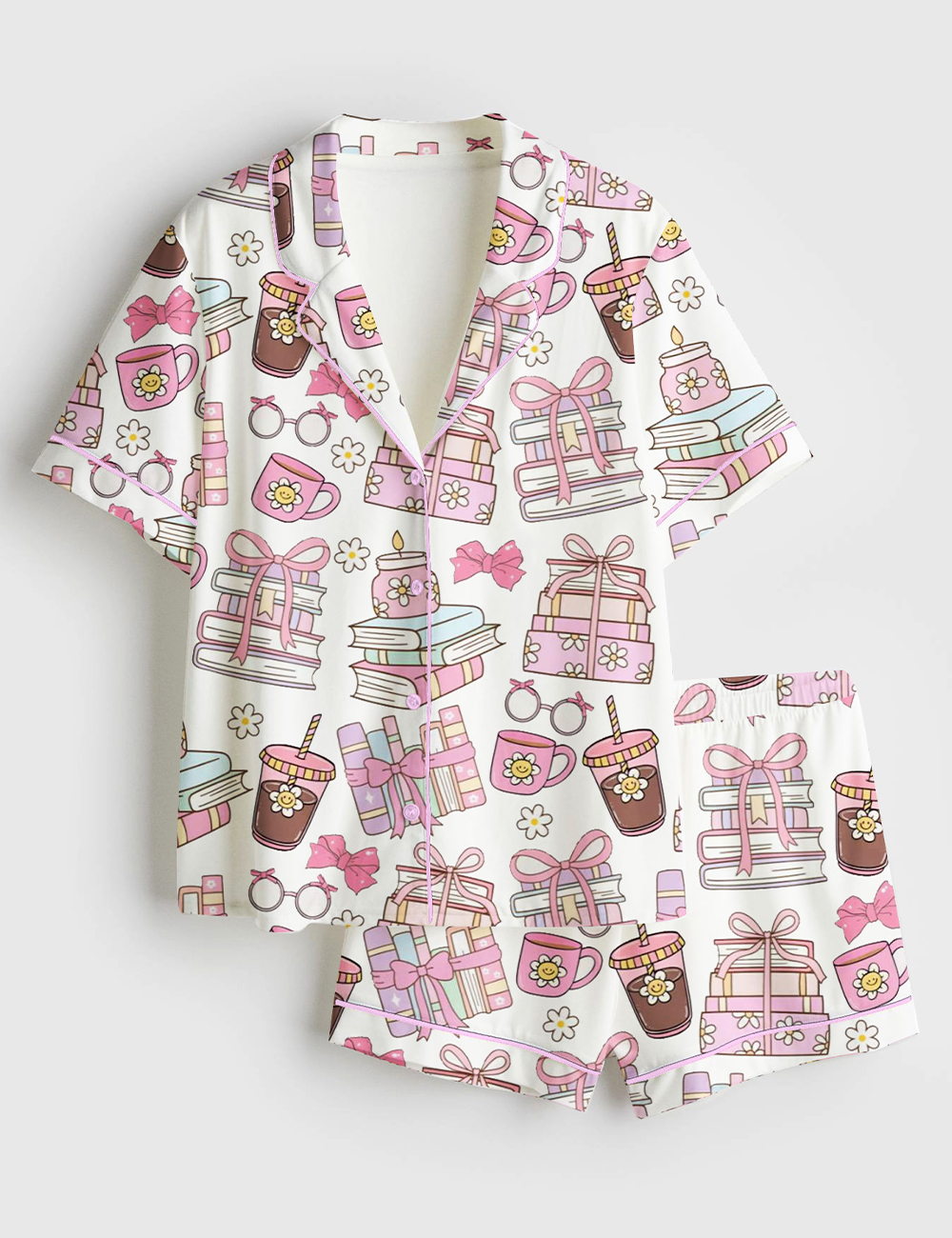 Womenâ€™s Books Coffee Bookish Girly Short Sleeve Satin Pajama Set