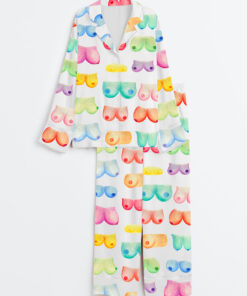 Women's Breast Art Breast Cancer Awareness Body Positivity Watercolor Print Long Sleeve Satin Pajama Set