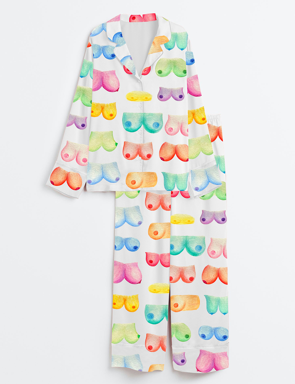 Womenâ€™s Breast Art Breast Cancer Awareness Body Positivity Watercolor Print Long Sleeve Satin Pajama Set