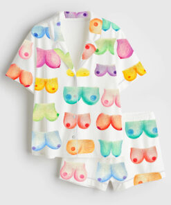 Women's Breast Art Breast Cancer Awareness Body Positivity Watercolor Print Short Sleeve Satin Pajama Set