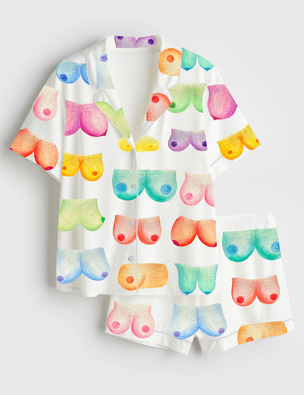 Womenâ€™s Breast Art Breast Cancer Awareness Body Positivity Watercolor Print Short Sleeve Satin Pajama Set