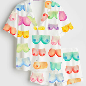 Women's Breast Art Breast Cancer Awareness Body Positivity Watercolor Print Short Sleeve Satin Pajama Set