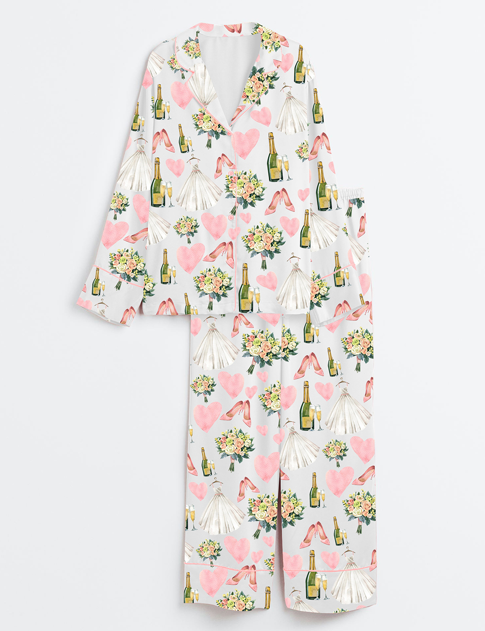 Womenâ€™s Bride Wedding Champagne Long Sleeve Satin Pajama Set