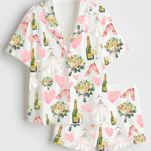 Womenâ€™s Bride Wedding Champagne Short Sleeve Satin Pajama Set