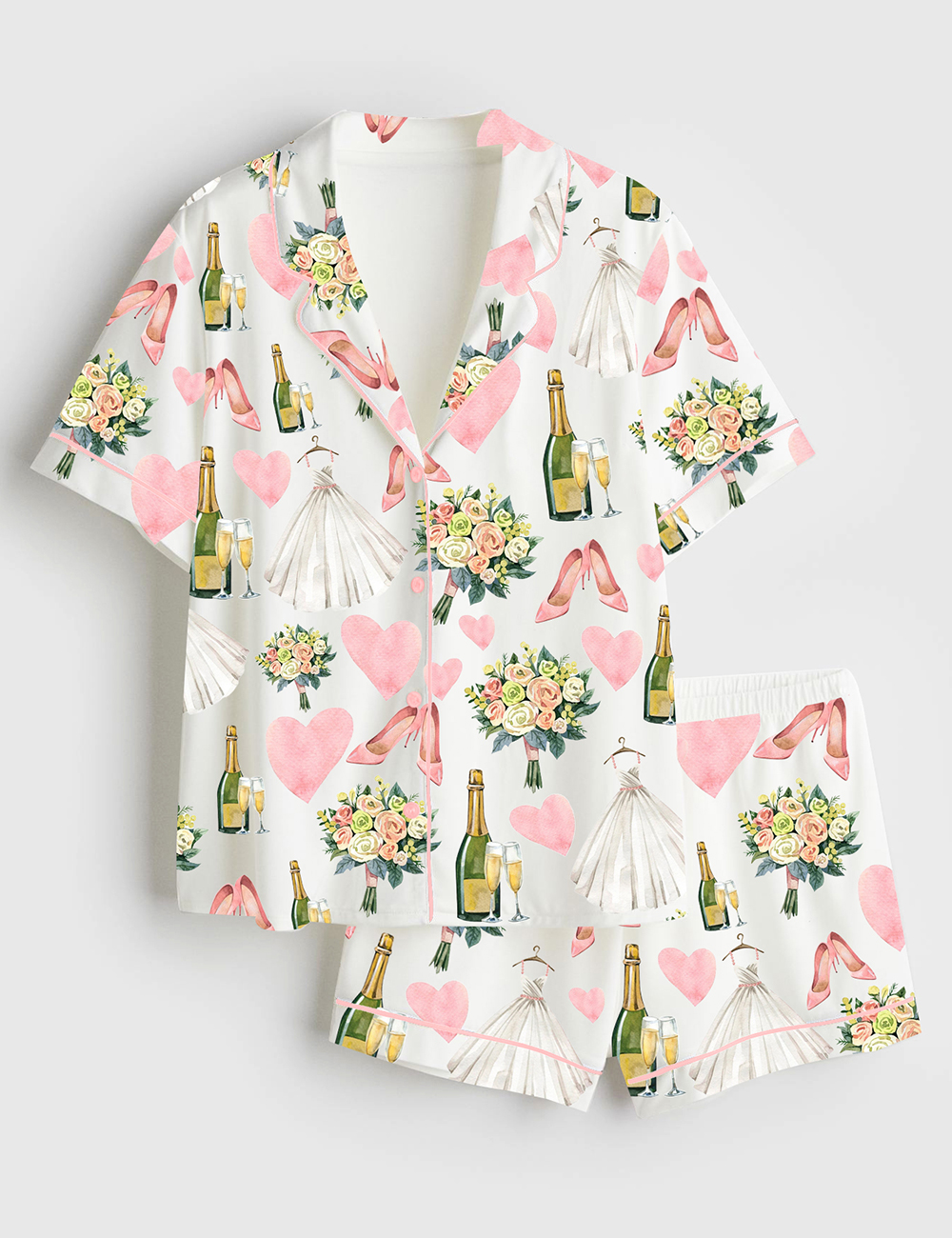 Womenâ€™s Bride Wedding Champagne Short Sleeve Satin Pajama Set