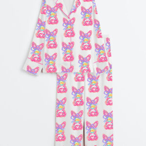 Women's Brushstroke Bunny Easter Long Sleeve Satin Pajama Set