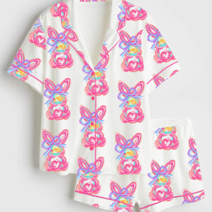 Women's Brushstroke Bunny Easter Short Sleeve Satin Pajama Set