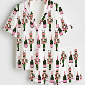 Women's Bucket Nutcracker Champagne Short Sleeve Satin Pajama Set