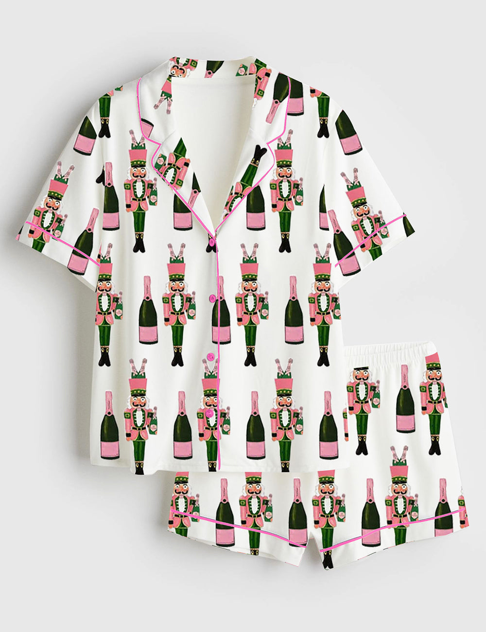 Women's Bucket Nutcracker Champagne Short Sleeve Satin Pajama Set