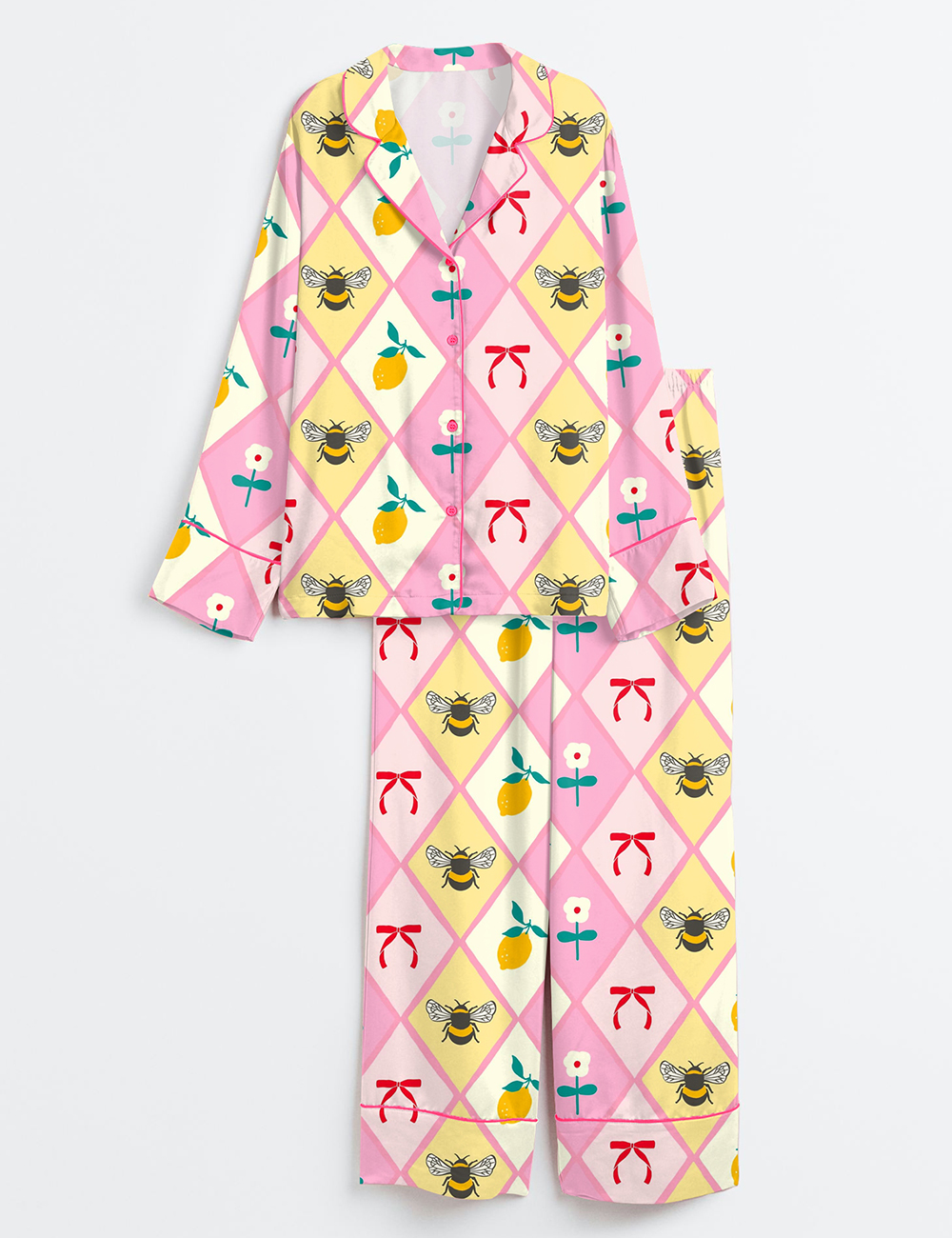 Women's Bumblebee Art Spring Vibes Long Sleeve Satin Pajama Set