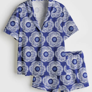 Womenâ€™s Camellia White On Dark Blue Bright Short Sleeve Satin Pajama Set