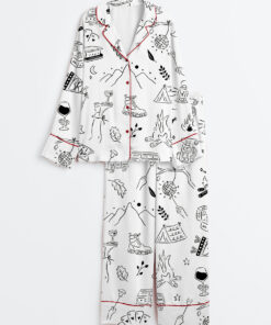 Women's Camp Bachelorette Hand Drawn Mountain Hiking Glamping Girls Trip Print Long Sleeve Satin Pajama Set